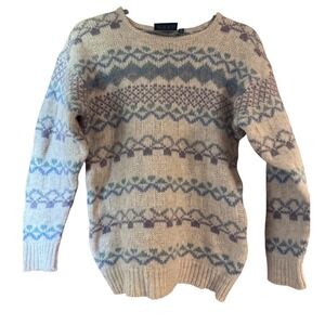 Gaeltarra Ireland Pure Wool Fair Isle Sweater Womens Small Blue Cream Made in IE